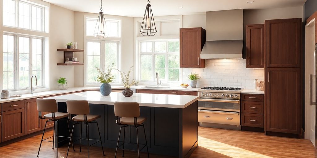 Modern kitchen island with stylish stools and pendant lights.