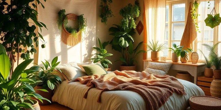 Green boho bedroom with plants and cozy decor.