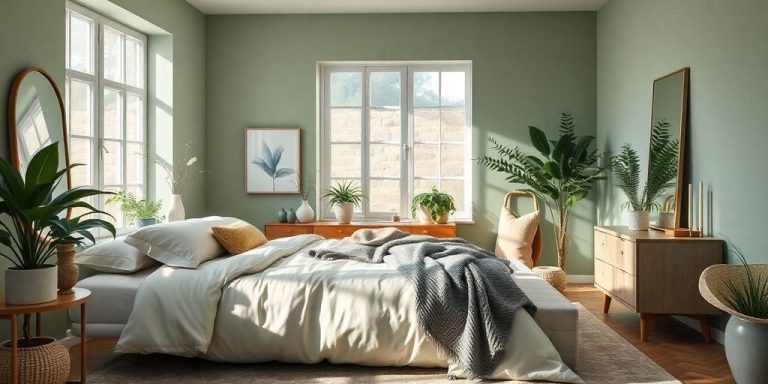 Serene sage green bedroom with soft bedding and decor.