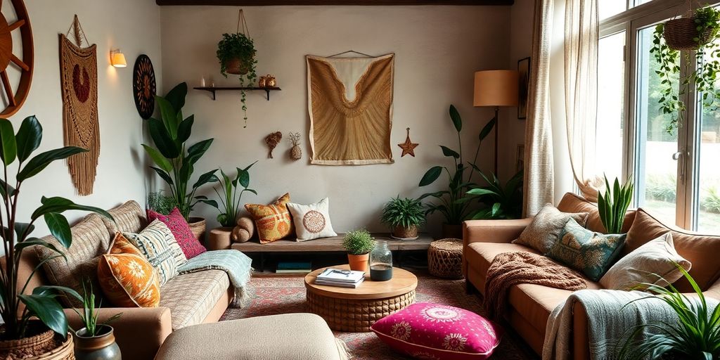 Cozy boho living room with plants and vibrant cushions.