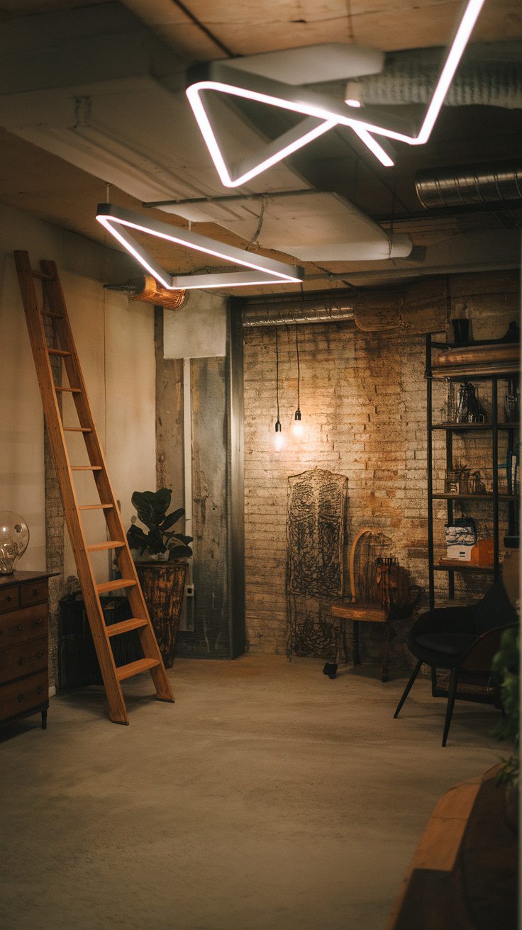 An industrial-style basement featuring unique lighting fixtures and rustic decor.