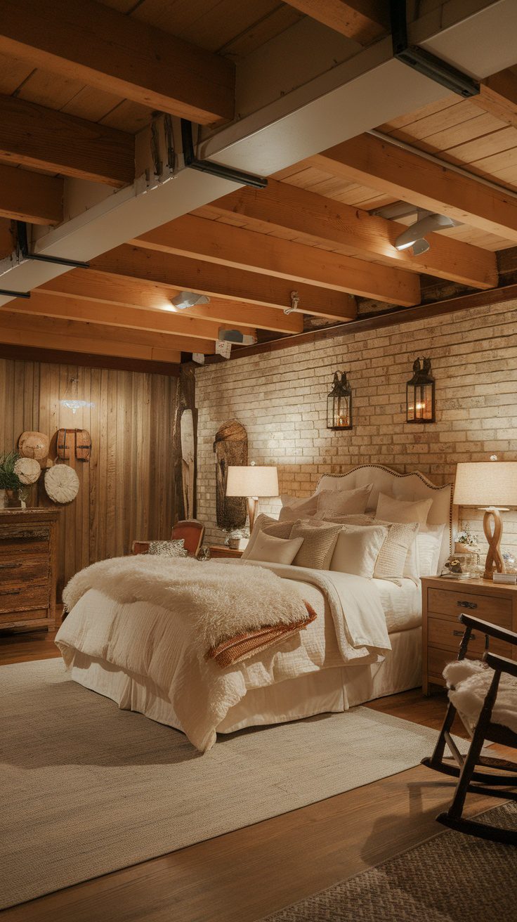 A cozy rustic modern basement bedroom featuring soft bedding, warm lighting, and wooden accents.