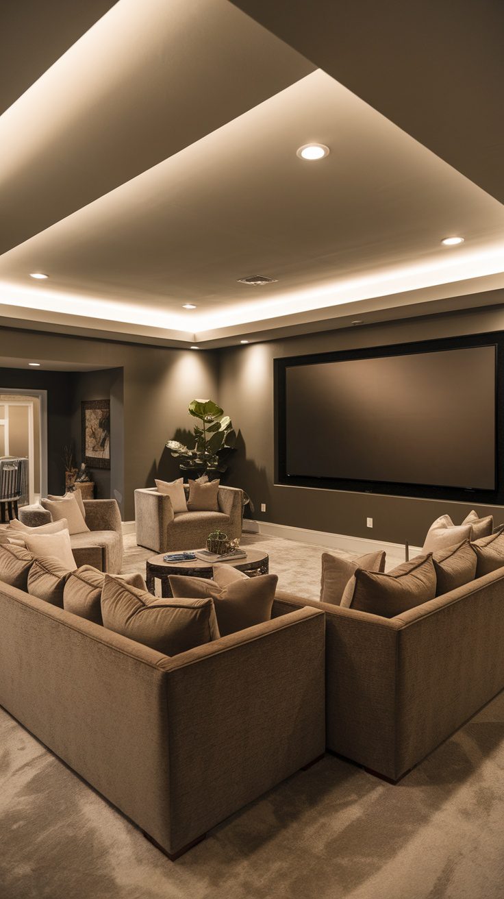 A cozy media lounge featuring soft seating, a large screen, and warm lighting.