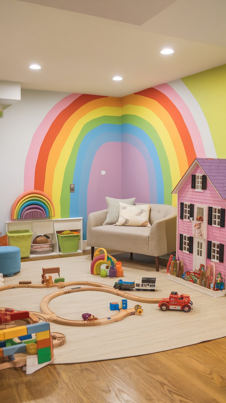A cozy kids' playroom with colorful rainbow wall art, toys scattered on a rug, and a dollhouse.