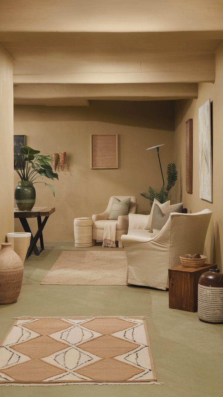 Cozy basement with earthy color palette and natural textures.