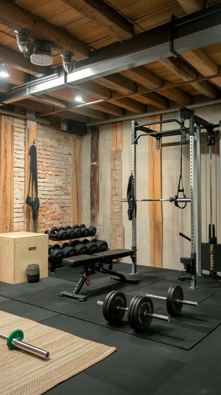 A cozy rustic modern basement gym area with weights, a bench, and exposed brick walls.