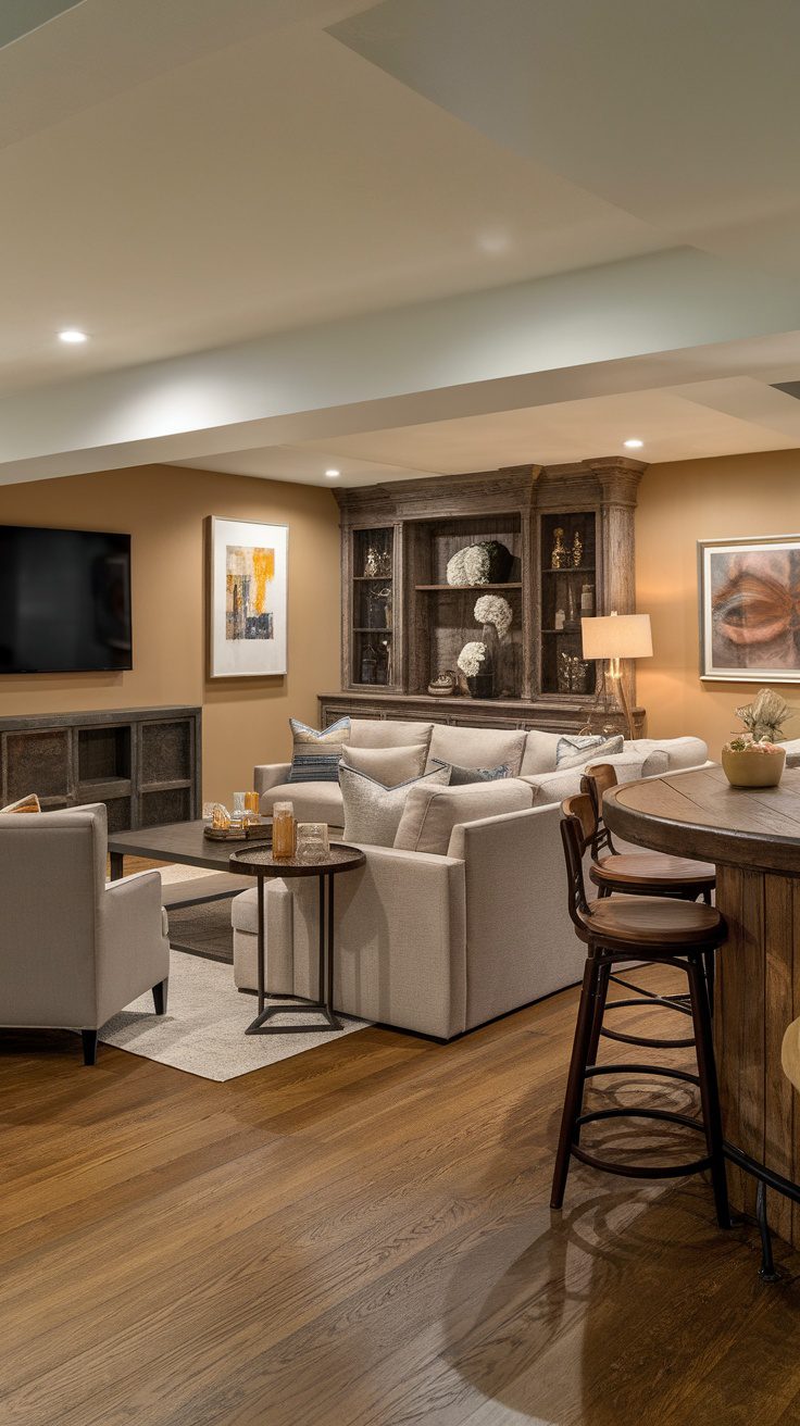 Elegant basement TV room with cozy seating and wooden cabinetry