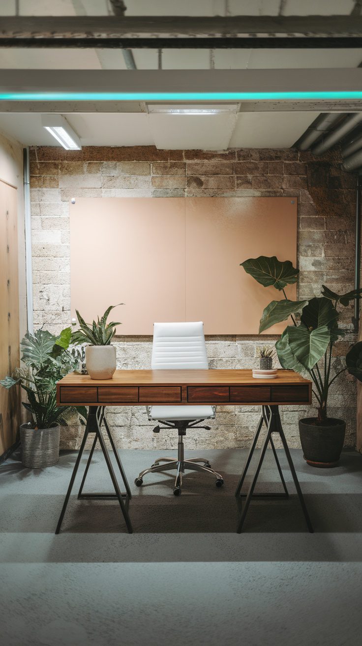 A modern home office in a basement featuring a wooden desk, a white chair, and potted plants.