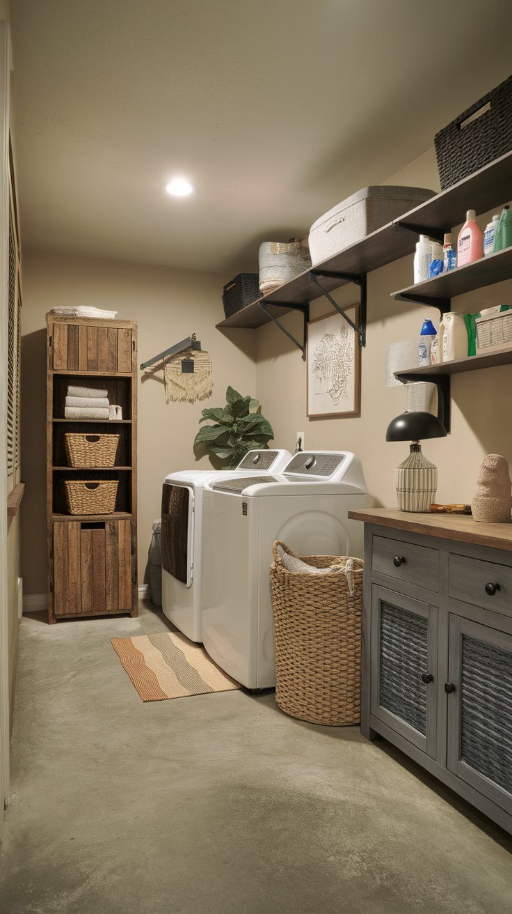 A functional laundry room with modern appliances, wooden storage, and decorative elements.
