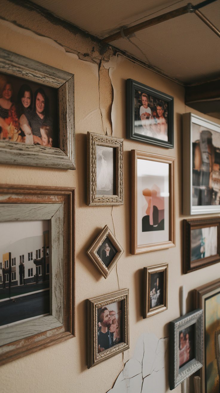 Gallery wall with various framed photos in a rustic setting.