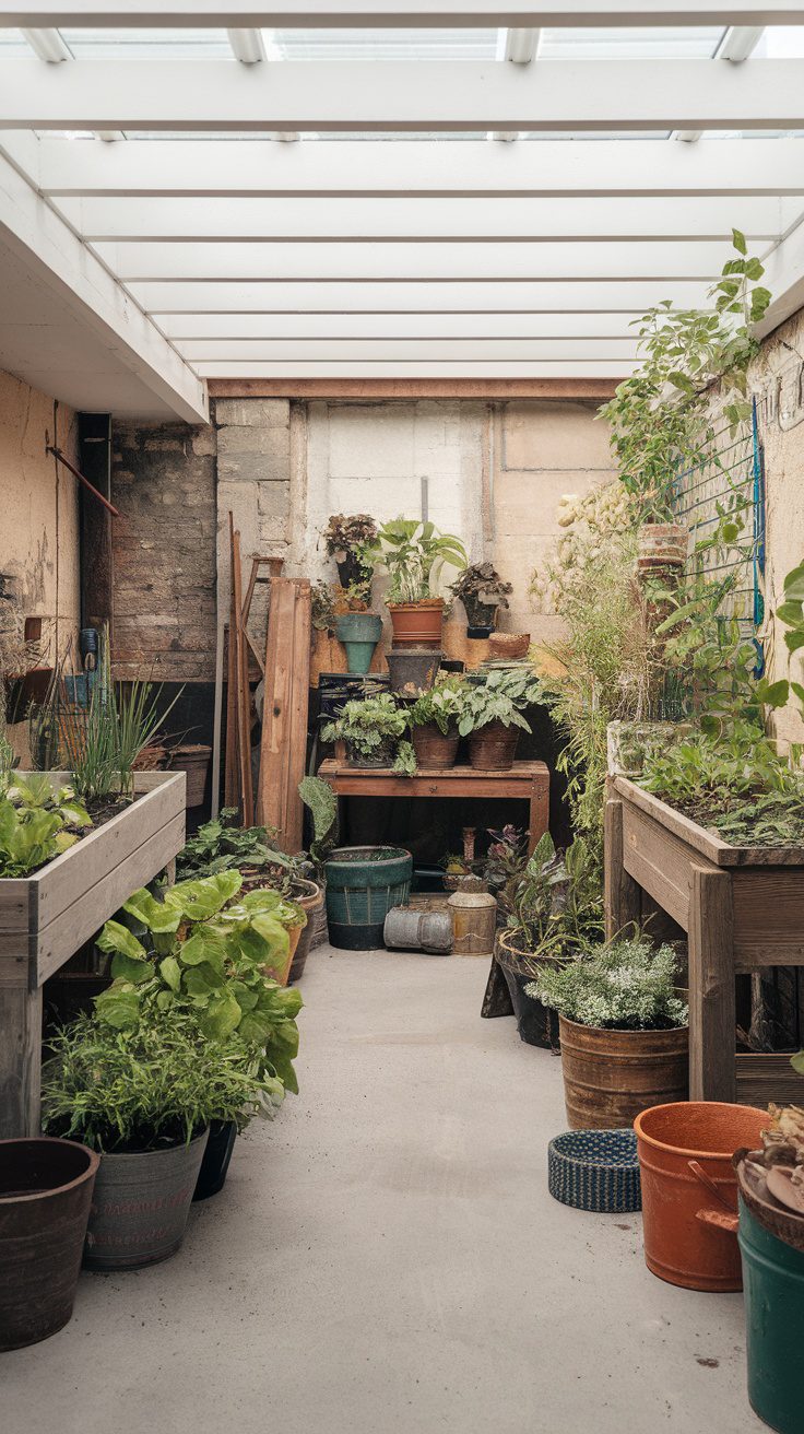 A cozy indoor garden in a rustic modern basement with various potted plants and natural light from above.