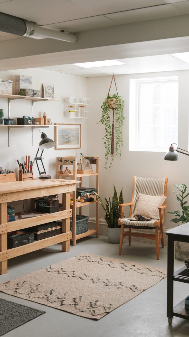 A cozy basement workspace featuring wooden shelves, a work desk, and a comfortable chair.
