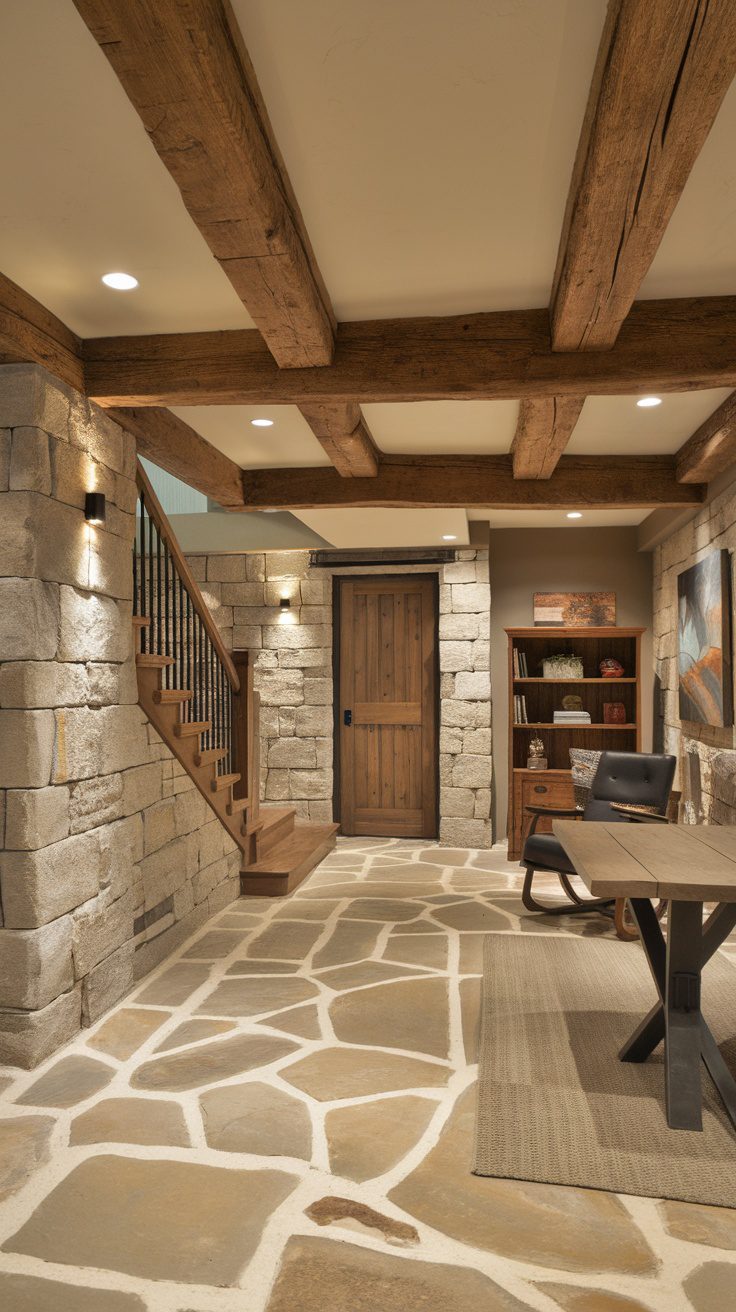 Cozy rustic modern basement with natural stone features and wooden beams.