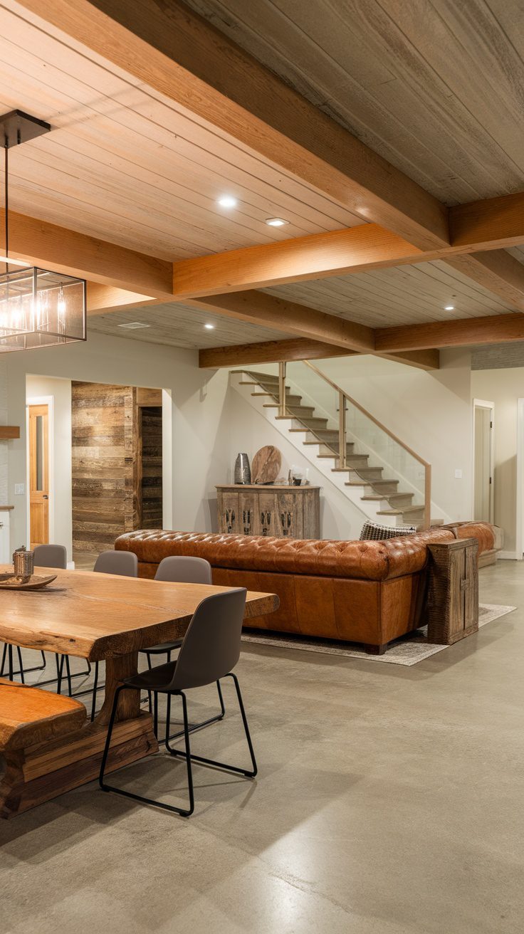 Cozy rustic modern basement open concept layout with wooden beams and a leather couch.