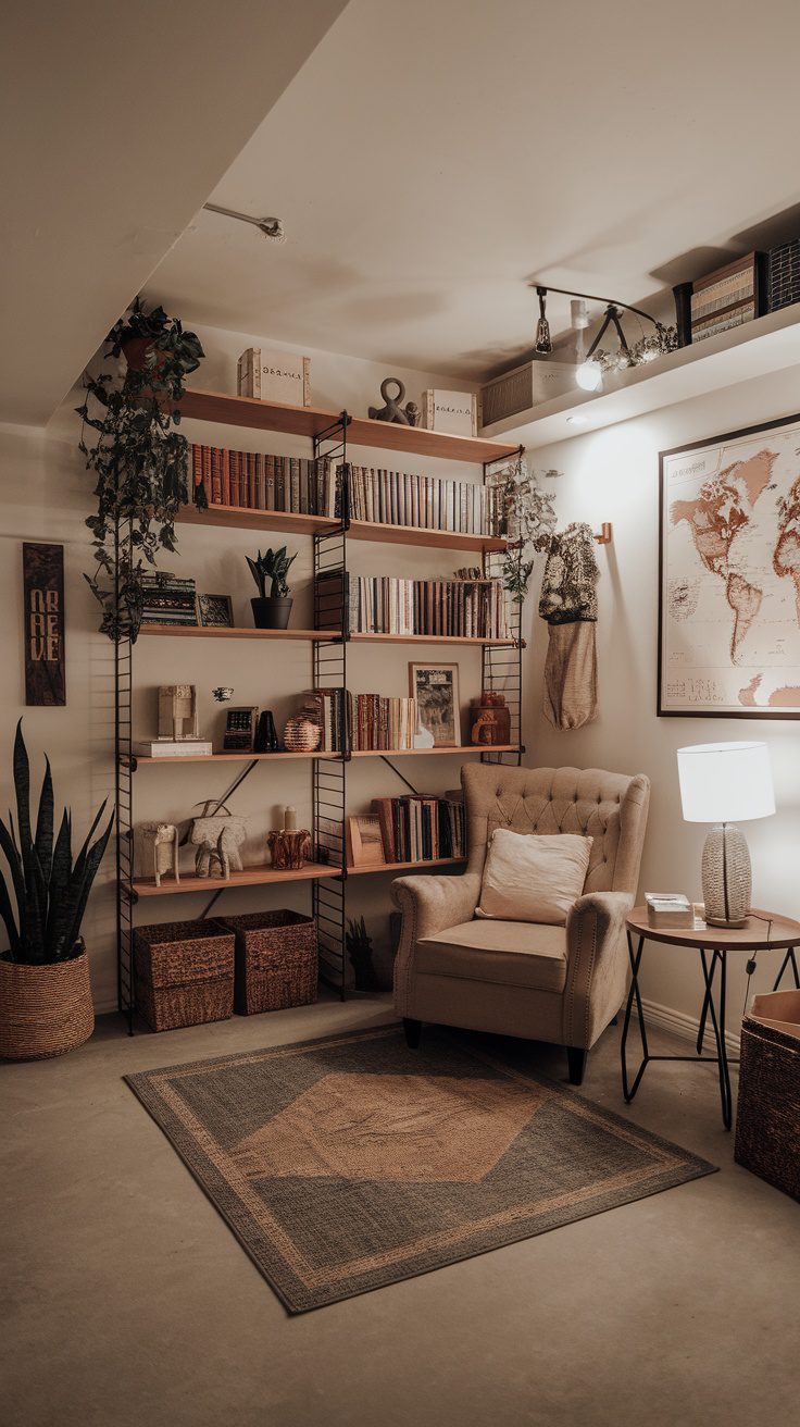 Cozy rustic modern basement with personalized decor and warm lighting.