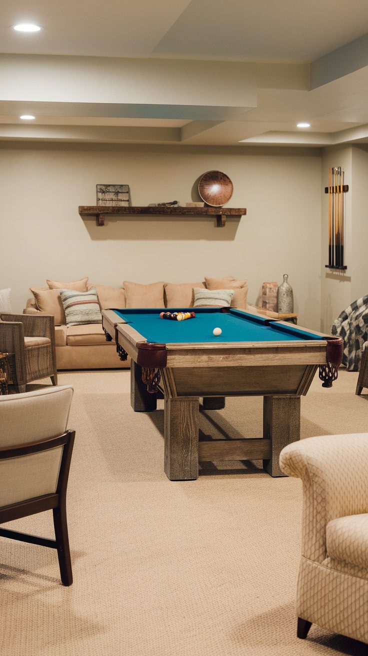 Cozy rustic modern basement game room featuring a pool table and comfortable seating.
