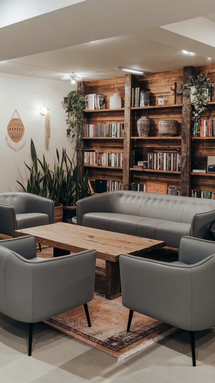 Cozy basement with rustic wooden table and modern gray chairs.