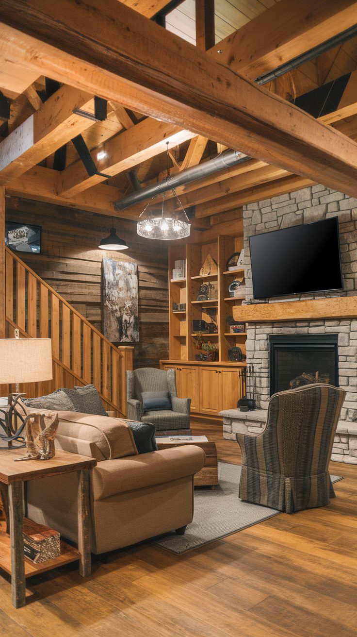 A cozy basement TV room with rustic wooden beams, a stone fireplace, and comfortable seating