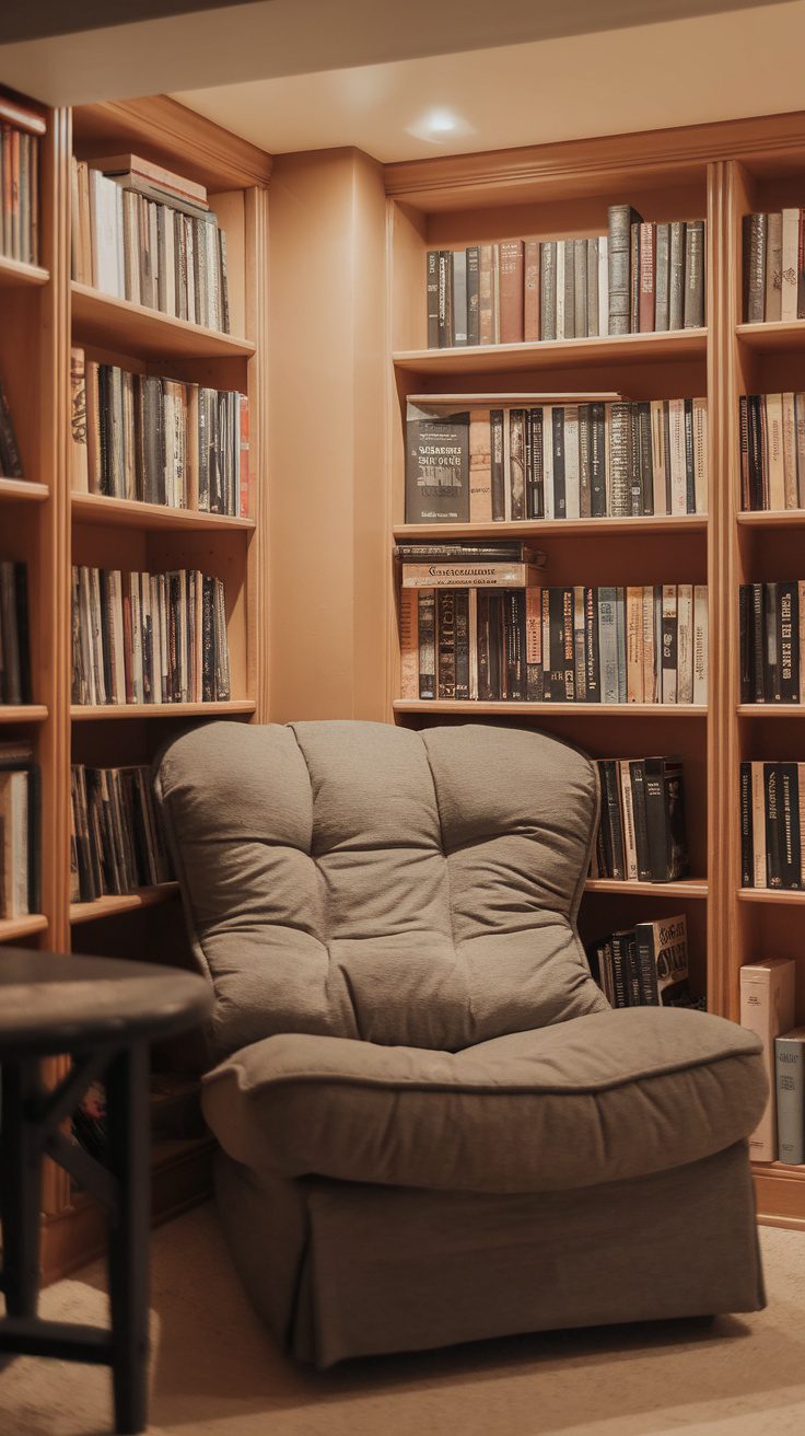A cozy reading corner featuring a plush chair and bookshelves filled with books.