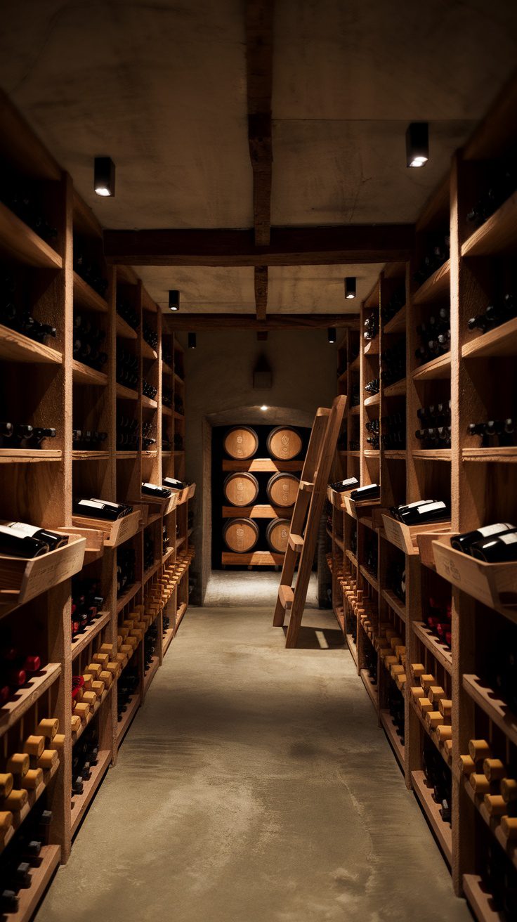 Cozy rustic modern wine cellar with wooden shelves and barrels.