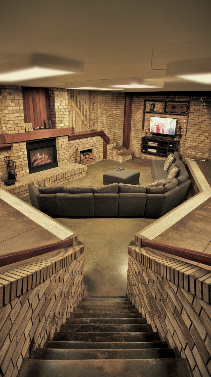 Sunken living room in a basement with a sectional sofa, fireplace, and TV