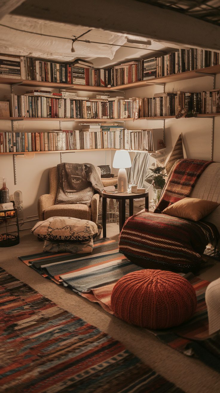 A cozy rustic modern basement with warm textiles and layered fabrics, featuring comfortable seating, colorful rugs, and a bookshelf.