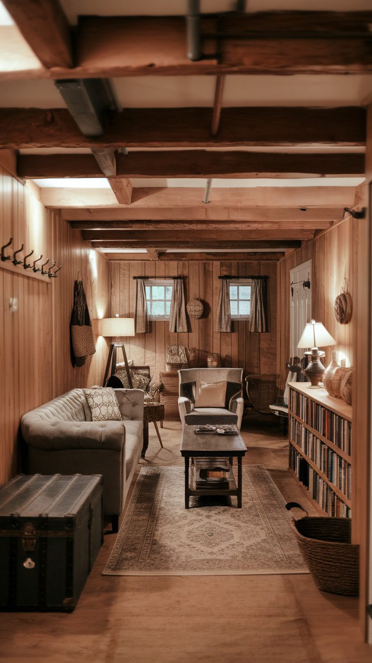 Cozy rustic modern basement with warm wood accents and comfortable seating.