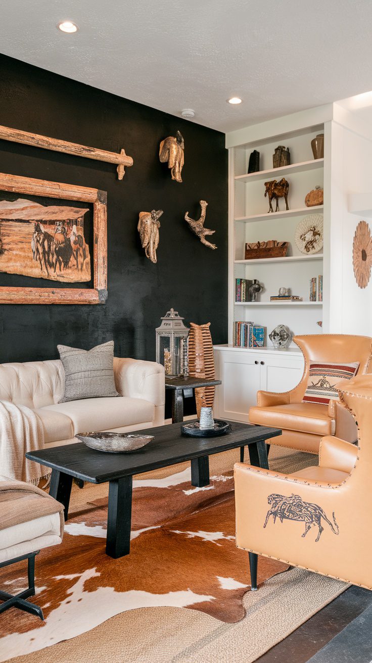 A cozy living room featuring a black accent wall adorned with western motifs, leather chairs, and a cowhide rug.