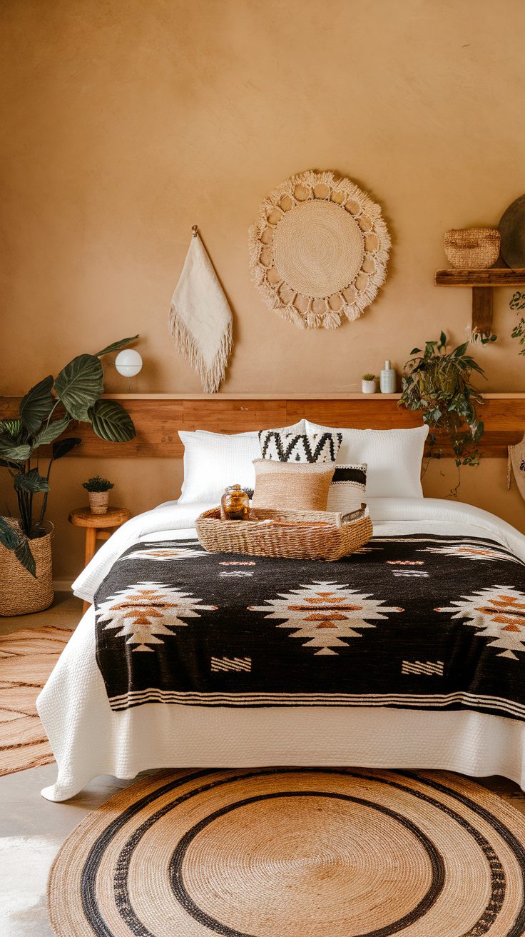 A cozy bedroom featuring a black and white Native American textile blanket, decorative pillows, and warm earthy tones.