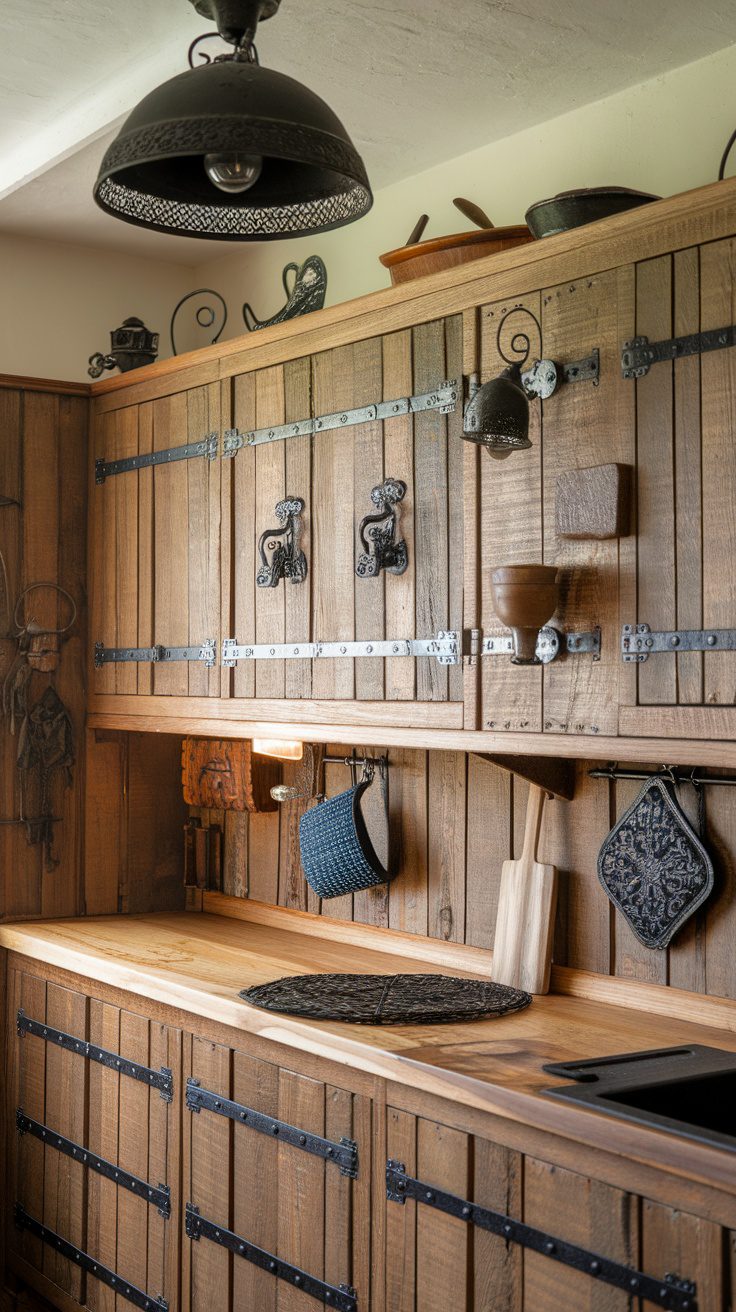 A rustic kitchen with wooden cabinets and black iron fixtures, including a hanging light and cabinet hardware.