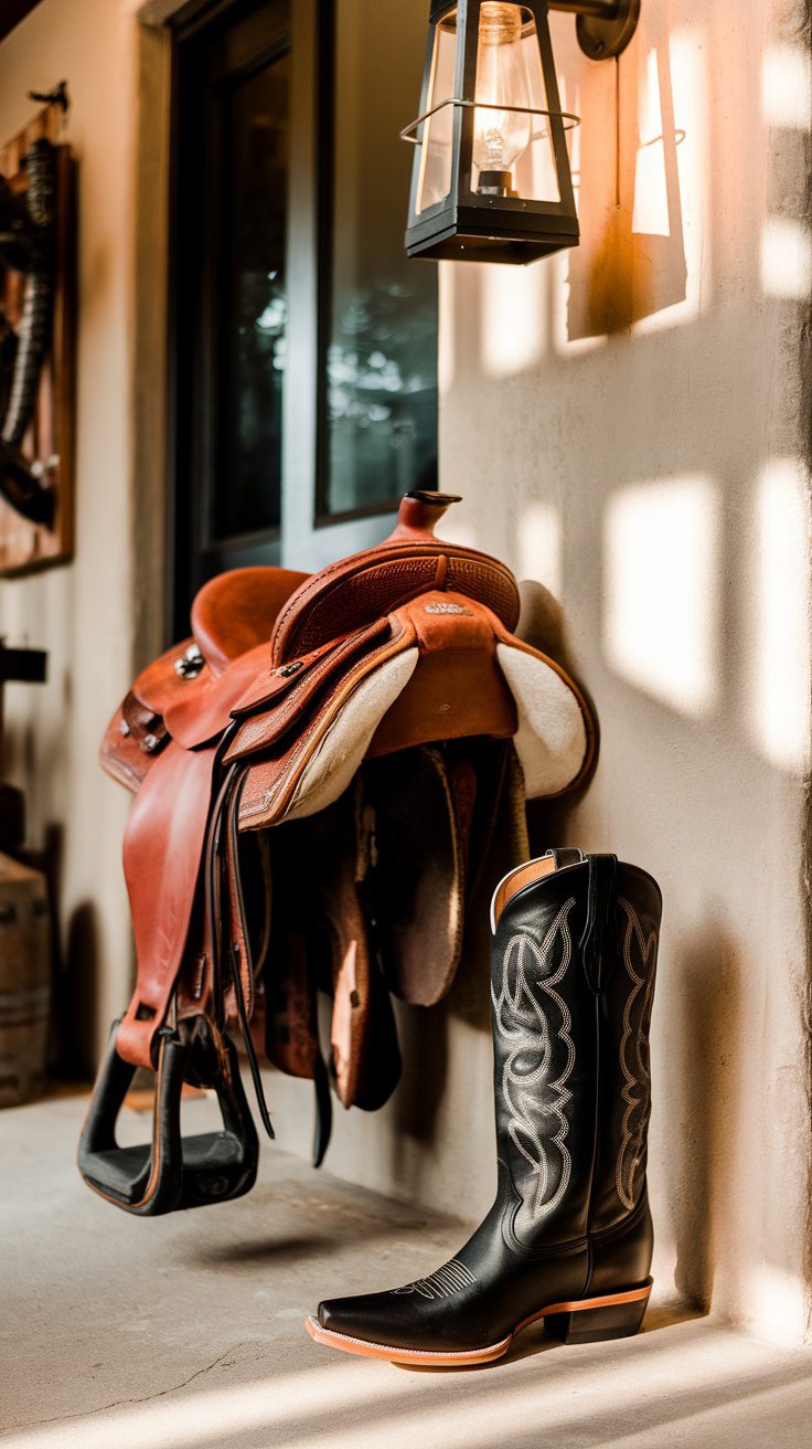 Black leather cowboy boots next to a saddle and a lantern, showcasing western home decor elements.