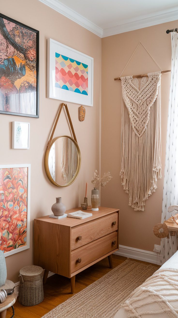 A cozy corner of a boho chic bedroom featuring eclectic artwork, a macramé wall hanging, a round mirror, and wooden furniture.