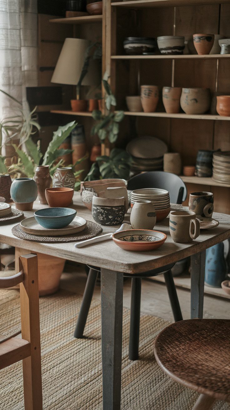 A collection of handcrafted pottery and ceramics displayed on a wooden table with a rustic vibe.