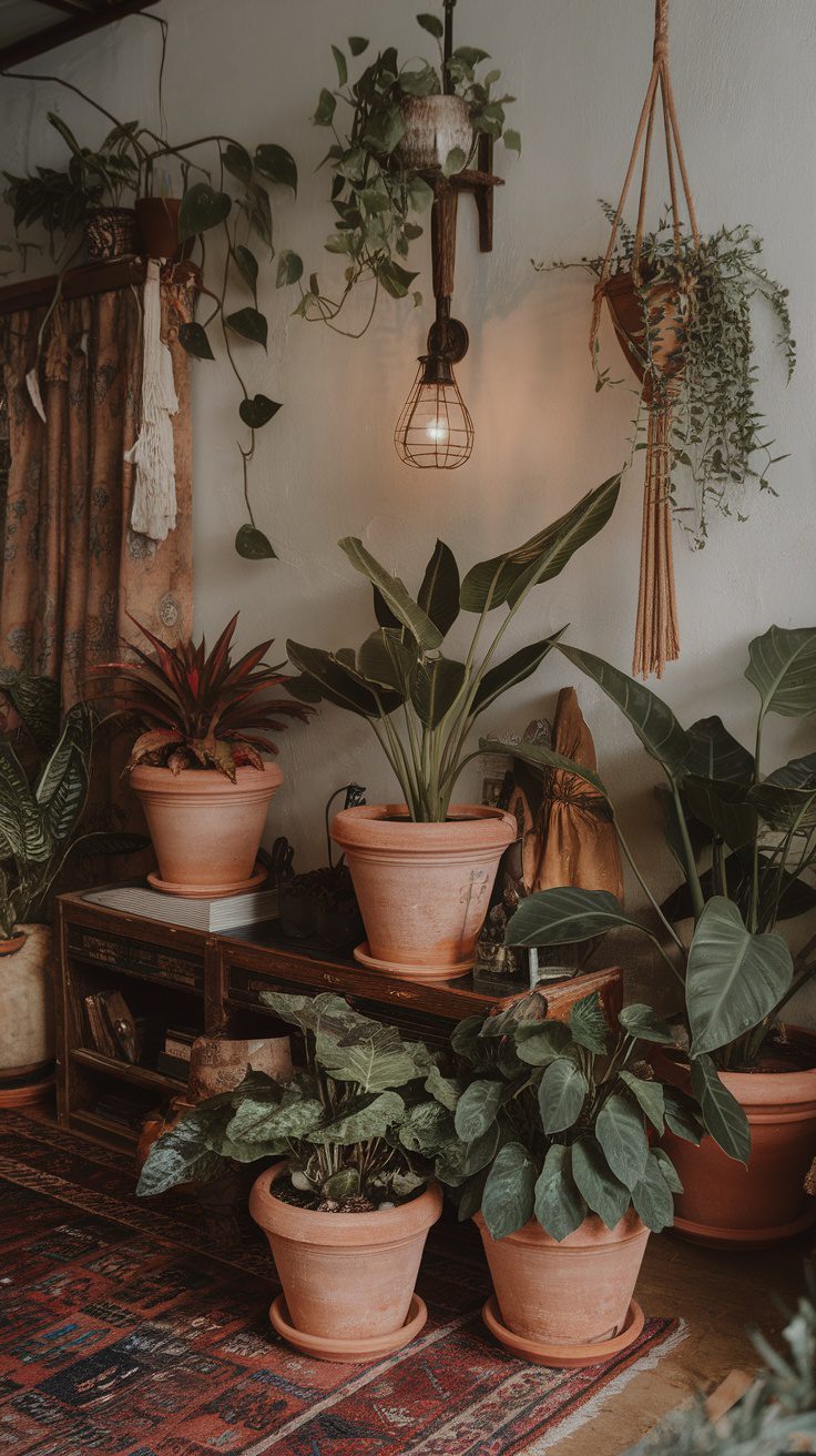 Indoor plants in terracotta pots arranged in a cozy room with a rustic vibe