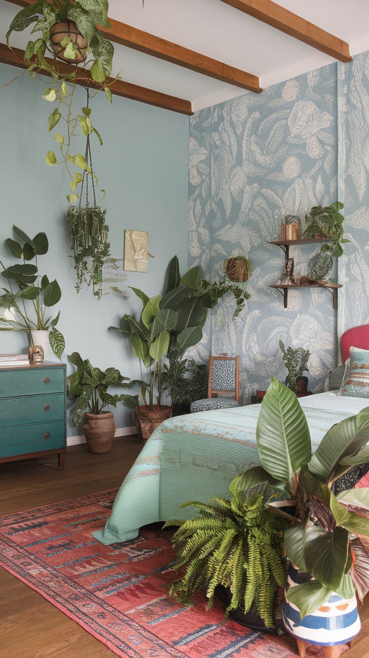 A boho chic bedroom filled with various indoor plants, showcasing a vibrant and cozy atmosphere.