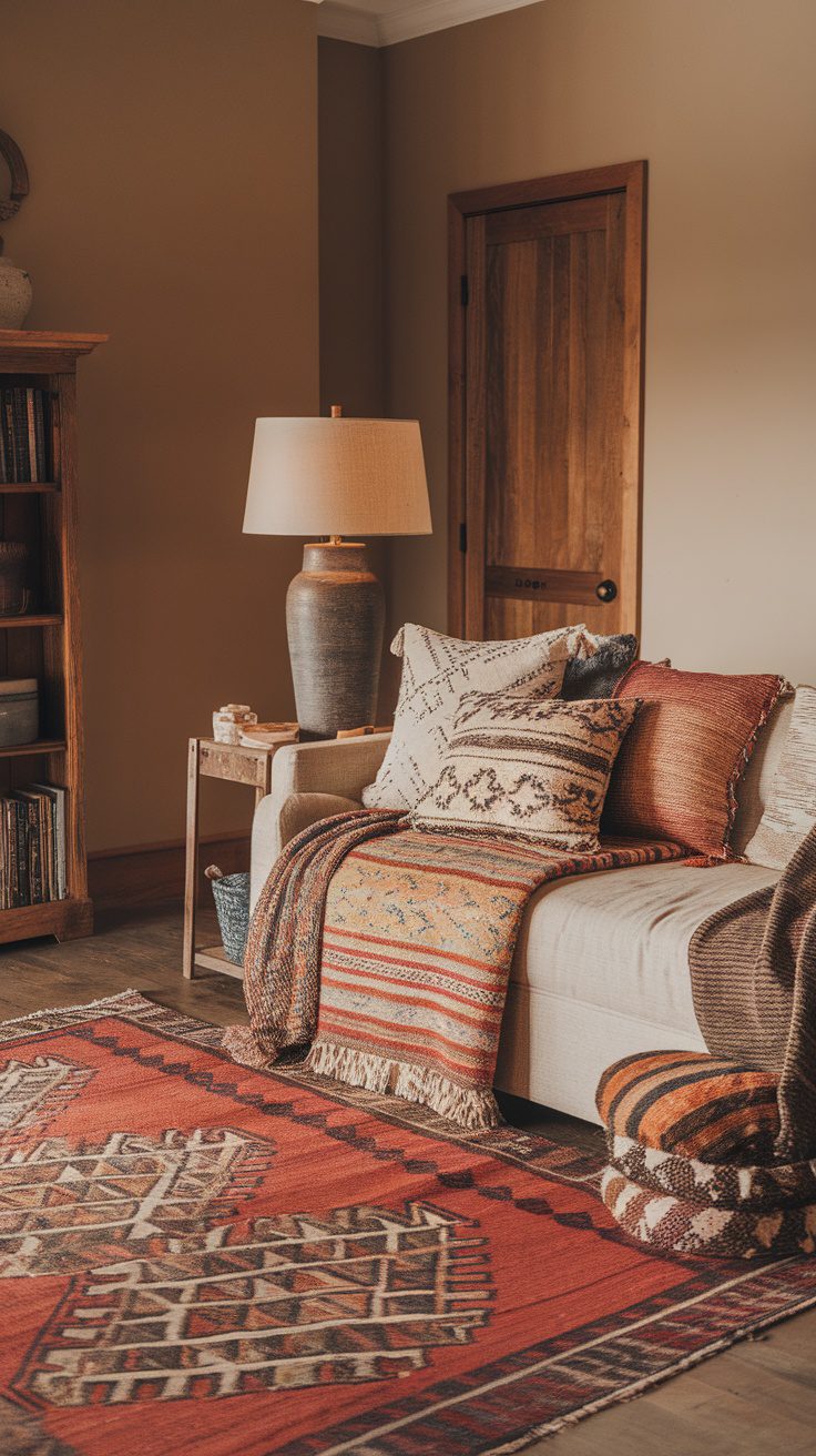 Cozy boho chic living space with layered textiles and patterns on a sofa