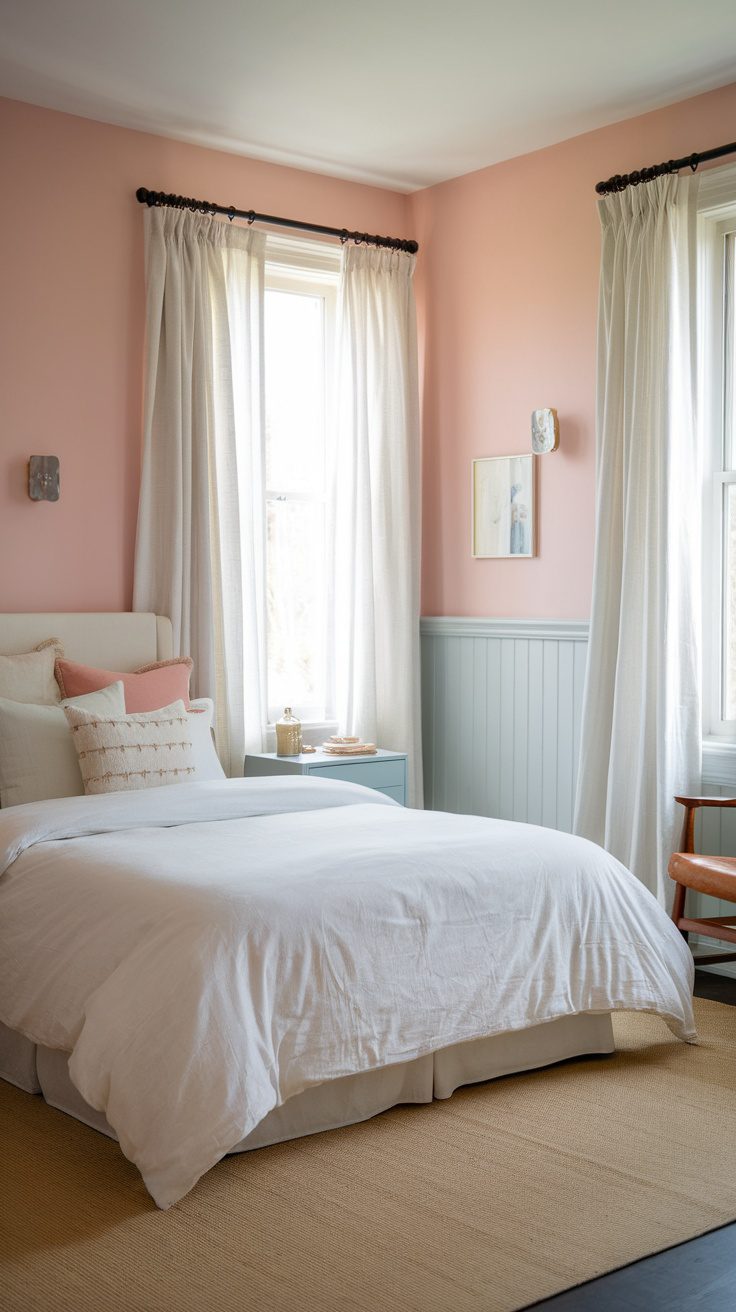 A cozy bedroom with soft pink walls, neutral bedding, and light accents, creating an airy feel.