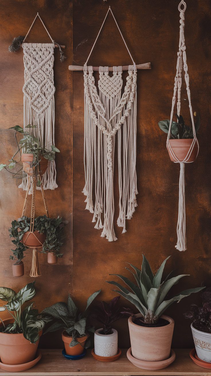 A collection of macramé wall hangings featuring intricate patterns and plant hangers on a rustic background.