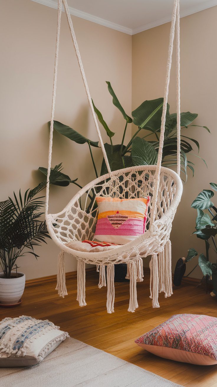 A macrame hanging chair with colorful cushions in a boho-themed bedroom, surrounded by green plants.