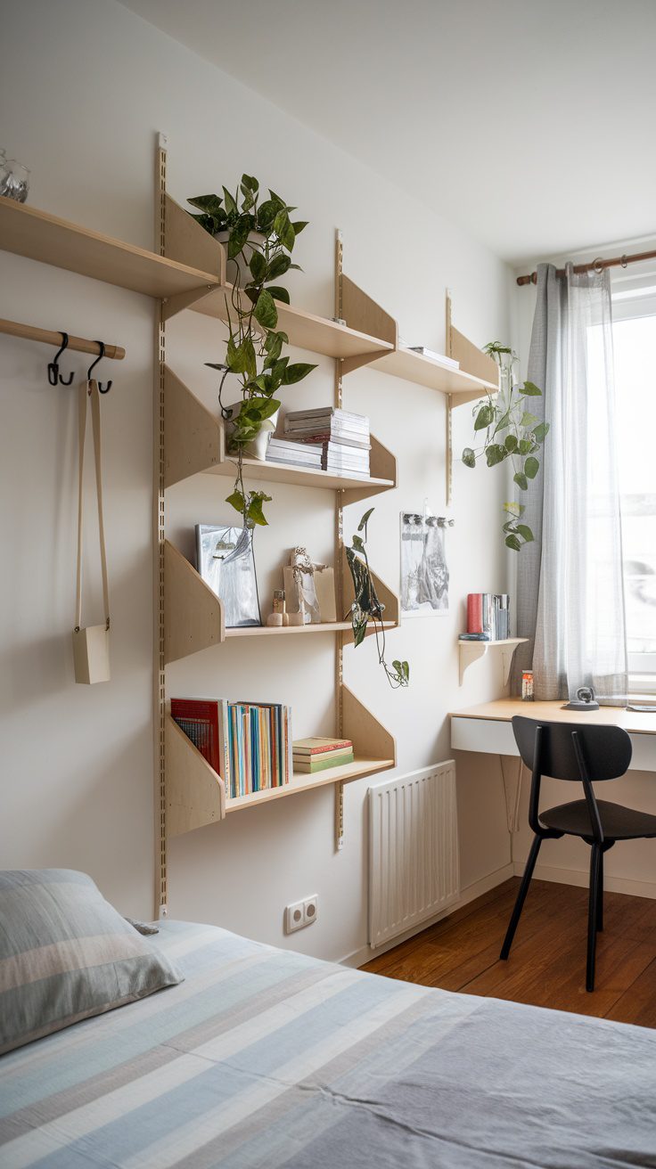 A small bedroom with wooden shelves displaying books and plants, featuring a bed and a desk.