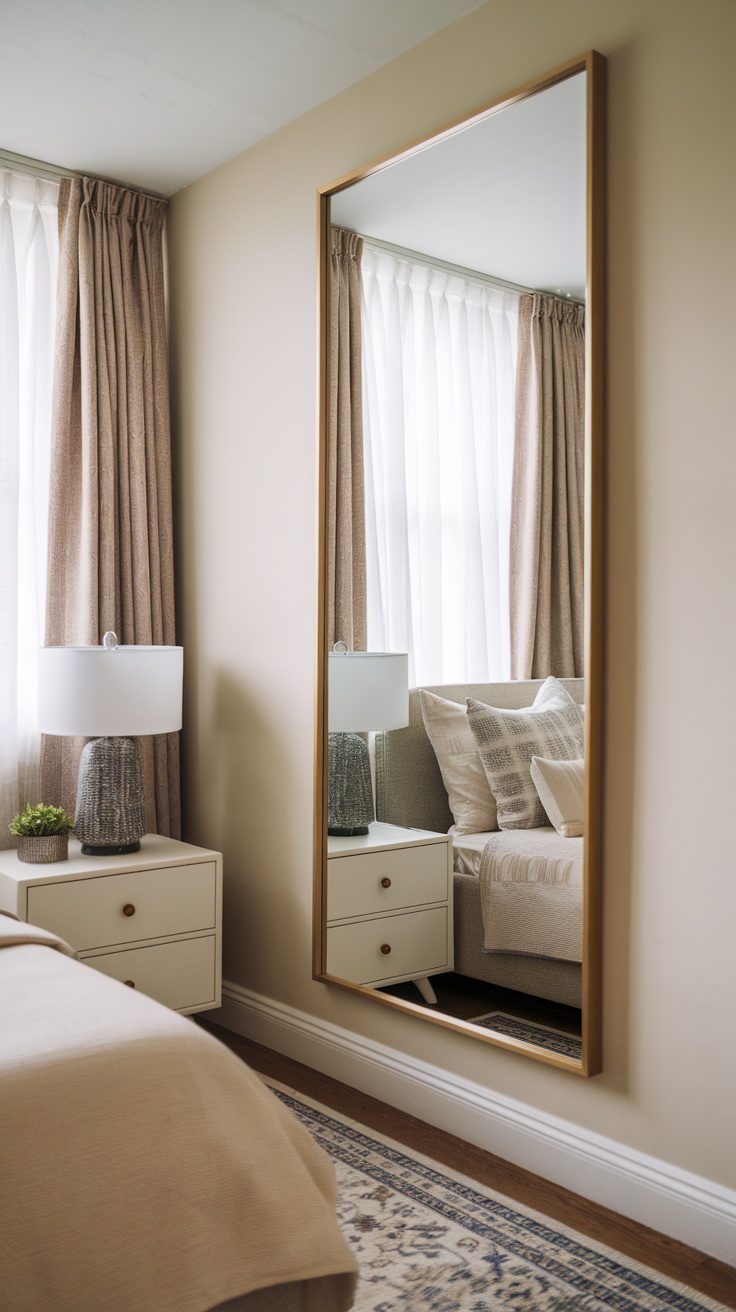 A well-decorated small bedroom featuring a large mirror, cozy bedding, and a bedside lamp.