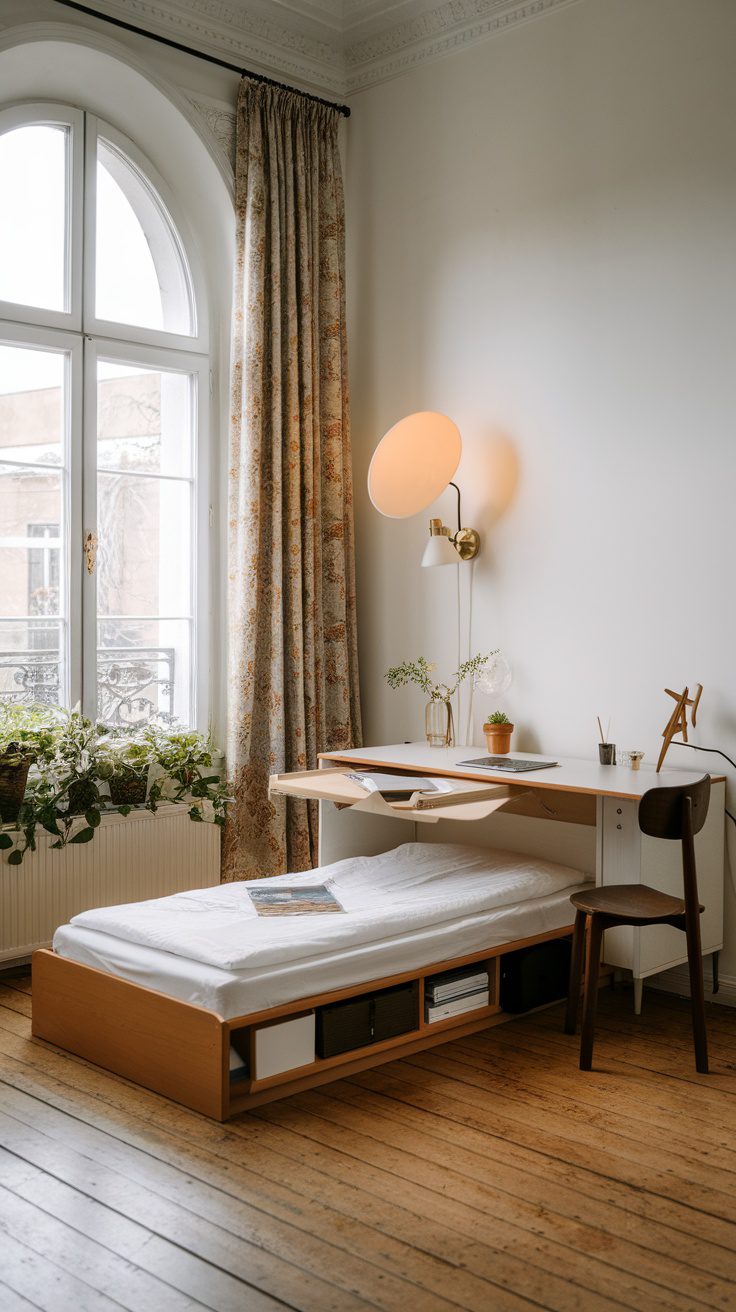 A small room with a multi-functional bed and desk setup, showcasing efficient use of space.