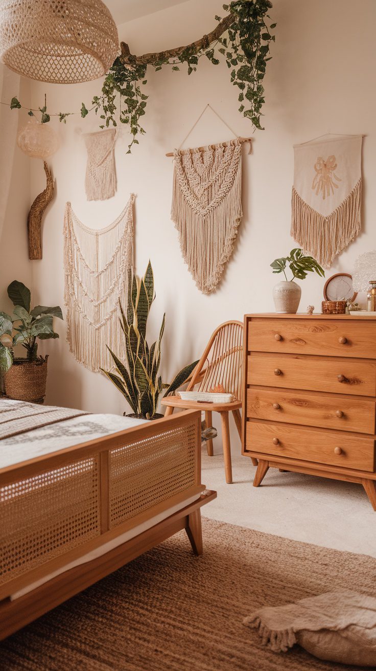 A cozy boho chic bedroom with natural wood accents, featuring a wooden dresser, bed frame, and a stylish chair, complemented by plants and macramé wall hangings.
