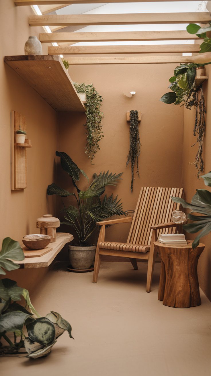 A cozy, nature-inspired corner with plants, wooden furniture, and warm tones