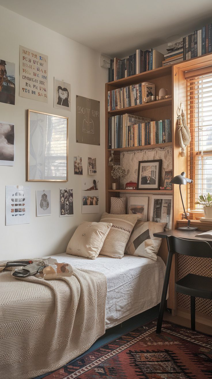 A cozy bedroom featuring a bed with patterned pillows, a bookshelf filled with books, and art pieces on the wall, creating a warm atmosphere.