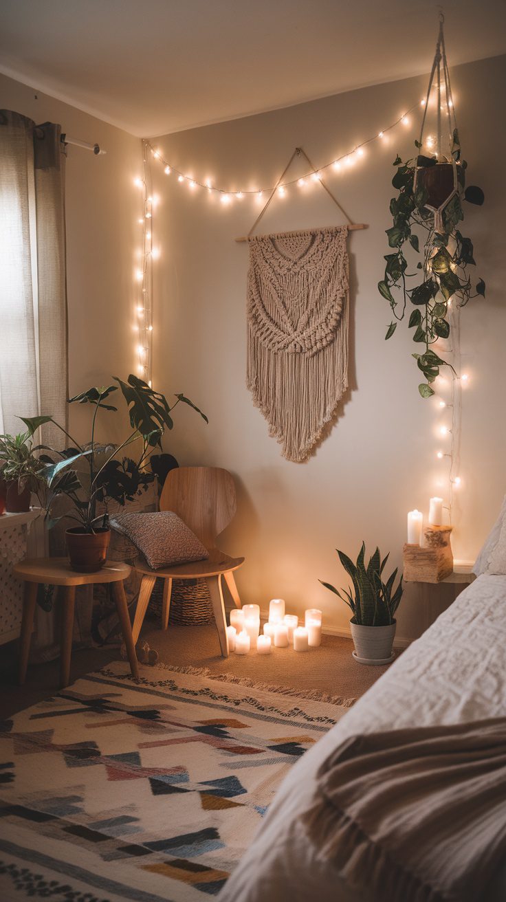 A cozy boho chic bedroom with string lights and candles creating warm lighting.