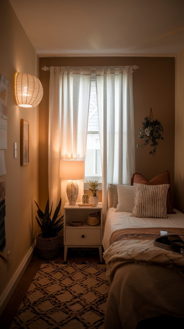 Cozy small bedroom with warm lighting and soft furnishings