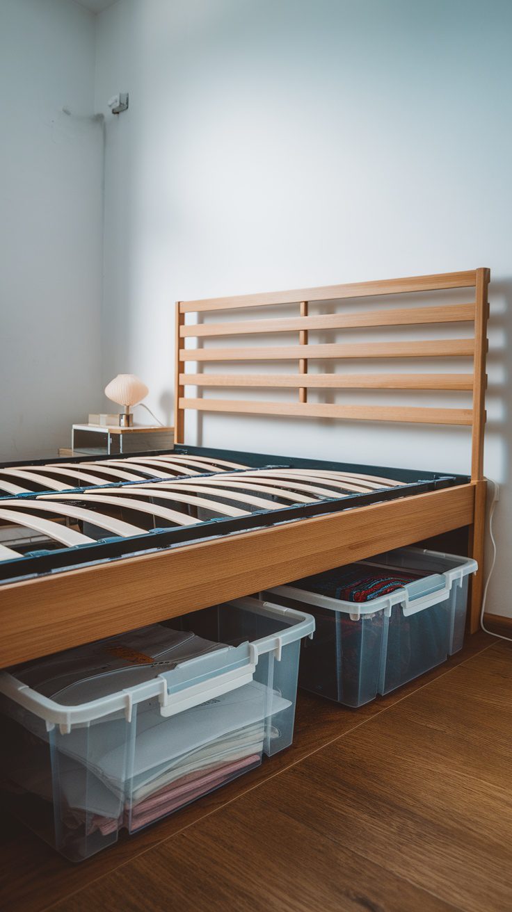 A wooden bed frame with clear storage bins underneath, showing organized items.