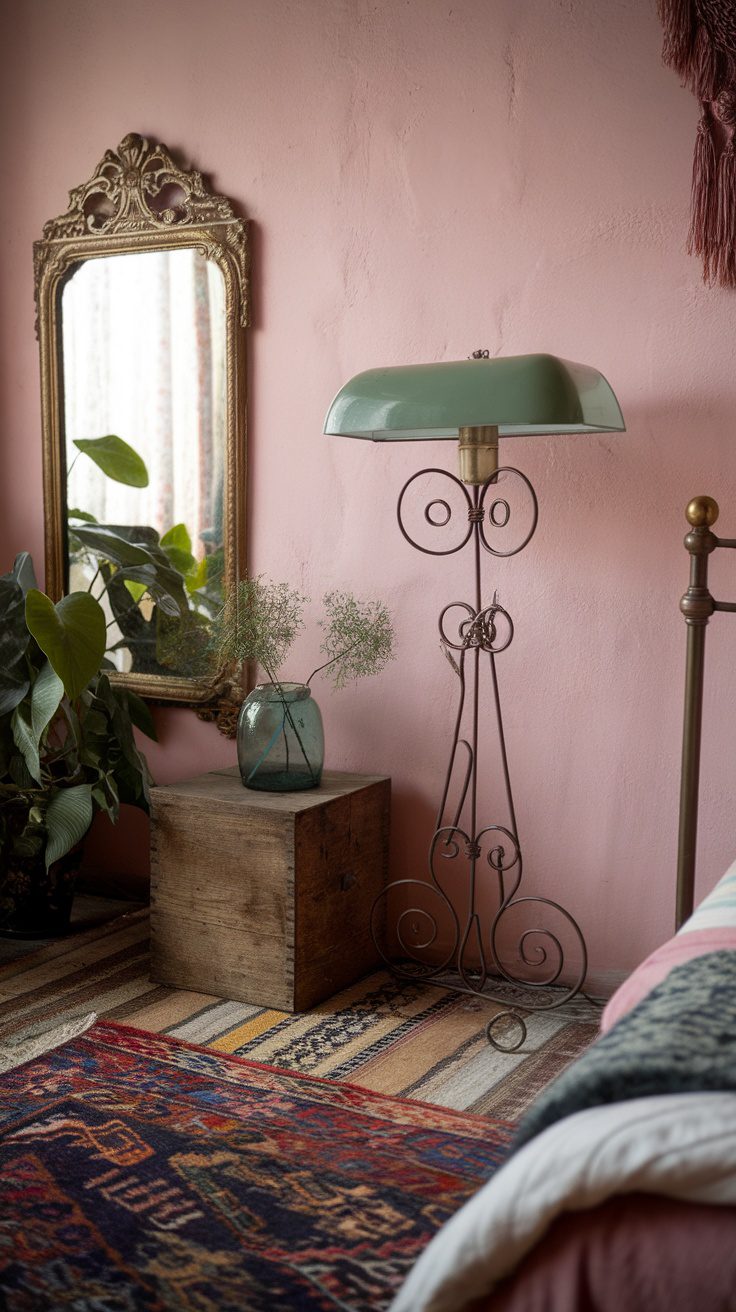 A cozy boho chic bedroom featuring pink walls, a vintage mirror, a mint green lamp, and rustic decor.