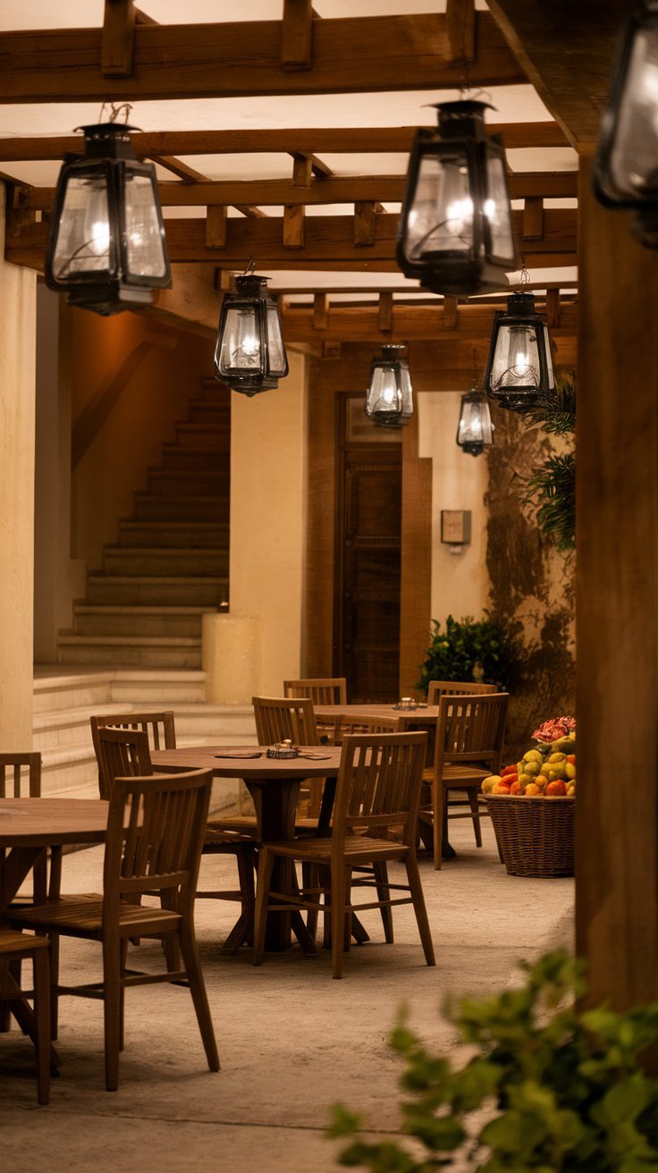 Vintage black lanterns hanging above wooden tables in a rustic setting